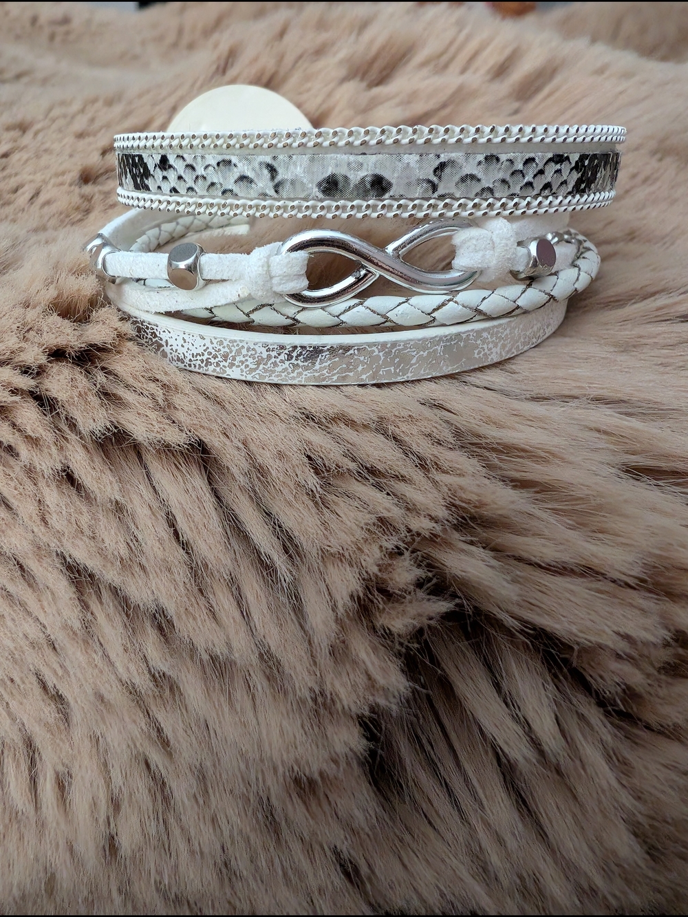 A012 White Multi-Strand Infinity Bracelet with Silver Accents